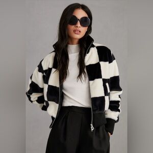Anthropologie x Noize Bessie Cropped Plush Bomber Jacket Black White Small New
